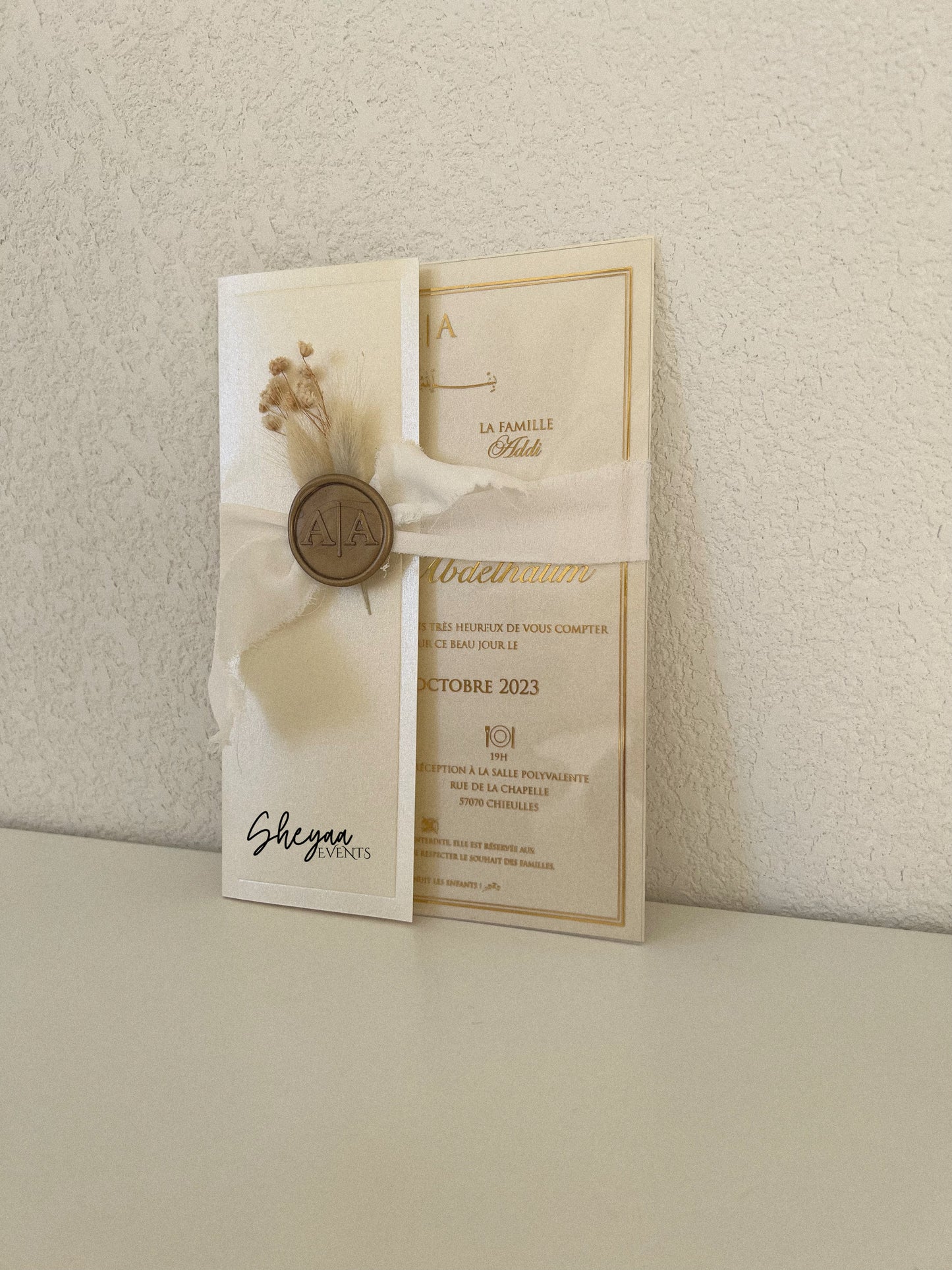 Faire part plexiglass avec enveloppe doré