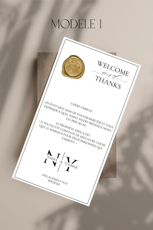 Carte de bienvenue mariage ou fiançailles